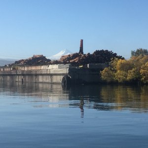 Waiting to lock thru with Mt. Hood in the back ground