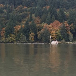 Half sunken ship along the shore