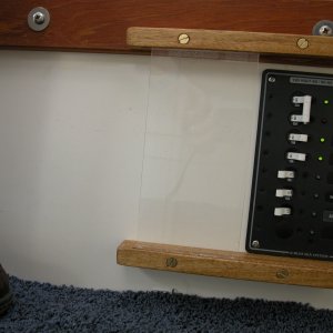 AC Power Panel cover_'a' view. Top guide base had to be hand notched for table top support mounting bolt. Top was placed abt 1/16" above bottom edge to allow enough support when mounting screw hole was pre-drilled.