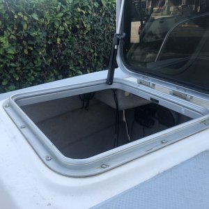 Media 'Pre repair photo. Bomar hatch in foredeck of a 16 Angler. Noticed a delayed leak around the edge of the hatch every time it rained.' in album 'Pre repair photo. Bomar hatch in foredeck of a 16 Angler. Noticed a delayed leak around the edge of the hatch every time it rained.'