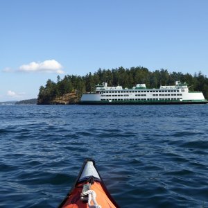 Media 'Ferry leaving, now it is safe to cross.' in album 'Getting a Friday night start to the Labor Day weekend. Departed Twin Bridges at 6:20 PM, heading across Rosario strait as the sun was setting.'