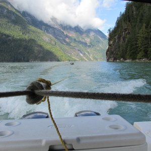 Gardner Canal - Pulling 12' aluminum boat with 6 hp kicker for trip up to Kitlope Lake.