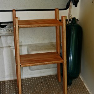 Collapsible oak boarding ladder for my bride is sturdy and stowes compactly.