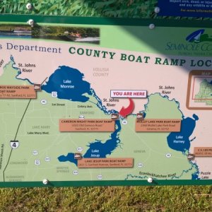 Some of the "downstream" boat launches.  None had overnight parking (or fees).  My Navionic card ends at lake Harney, but there is actually over 60 more miles if you are comfortable in shallow water.
The sign is courtesy of the Seminole County Department of Leisure Services.  Sounds like a nice job.