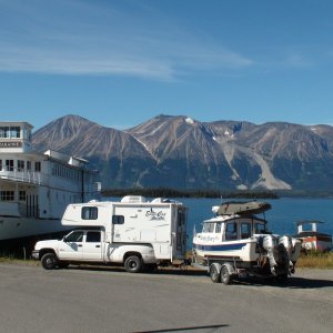 Media 'Us parked by old lake boat in town of Atlin.' in album 'The mob at the Skagway, Alaska docks'