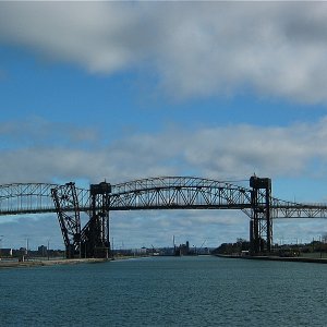 Two styles RR drawbridges hiway bridge behind
