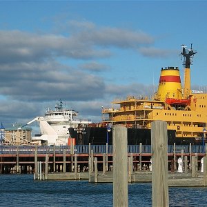 Shot from NFH cockkpit while in Kemp Marina Russian saltie downbound Ore boat upbound