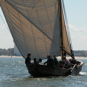 Media 'Shallop crew and guest getting a feel for the Lower Ches. Bay waters before the enactment on 26 April 2007.' in album 'Replica of Capt. John Smith's Shallop used to explore the Chesapeake Bay in 1608.'