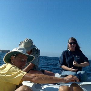 (Dora Jean)
3 rafts 'rafted' together and floating about 1/2 mile out to sea (l-r: Sam, Roger, Pat, Kerry's head/knees)