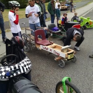 More of the race vehicles.  Note that "What a drag" is a "stretched" wheel chair.  :-)
