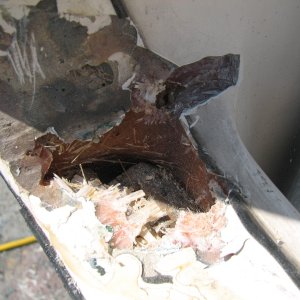 Further opening on the port side, grinding out the crack, reveals only resin, no glass or laminate.