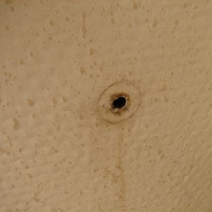 Hole, filled with clear epoxy, where 2\" #12 screw went into either core or support for foreward deck--was damp, dryed, epoxied and screw reset with sealant.  The joint between the cockpit floor and aft bulkhead is now sealed to prevent any further water intrusion.