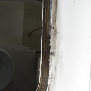 Moisture on plwywood both from screw holes and from around the lack of caulking