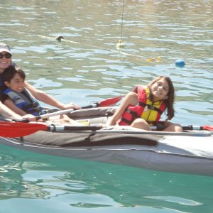 Daughter Robin and Grandchildren Maya and Devin in Kayak at Catalina