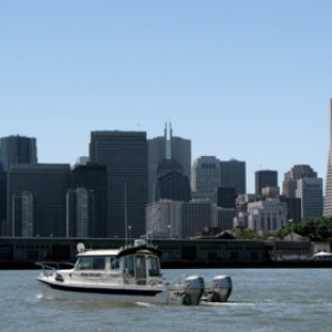 Discovery and the San Francisco skyline