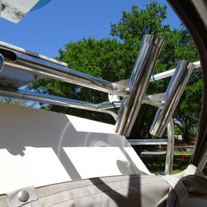 Media 'custom rod holders on radar arch, and zip open front of Bimini, to give good air flow in hot weather.' in album 'Port side Bettie Bateau'