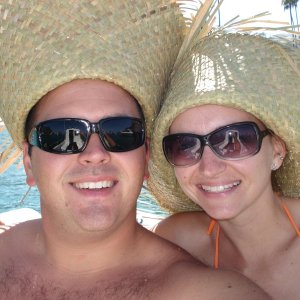 Media 'My first mate and I With our wicky wacker hats (a tourist must do).' in album 'The sun sets on the way to Catalina Island.'
