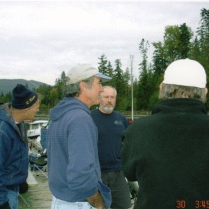 30 Sept 2005 Sequim: Joe (R-Matey), Capt Mac (Two Lucky Fish), Brock (Bambina) & back to camera is Robbi (C-Run).