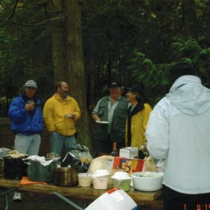 1 Oct 2005 Sequim:  Joe (far left corner with the corn); Capt Mac (Two Lucky Fish, Bill (DaNag), Roger (Sensei) & Jeff (Immacu-Nada).