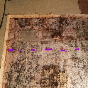 The dotted line is where I left off. I had one little black line to follow back and thought the rest looked pretty good.  Once I cut in it was full of water back there.  The smooth areas are where the balsa was not adhered to the floor at all.