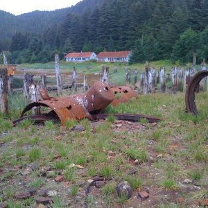 Boiler remains and derelict buildings at Taku Harbor Cannery
