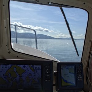 A flat calm north end of Rosario Strait, after entering via Obstruction Pass, after leaving James Island May 4th, 2019