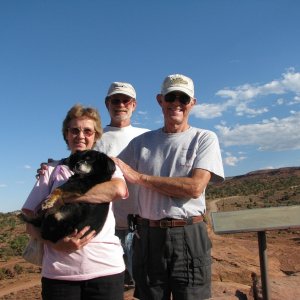 Media 'Marie W/Miss Priss, Brent and DR. Bob (Thataway) at Capitol Reef NP' in album 'Jim and Joan at the South Padre Island Kite Festival'