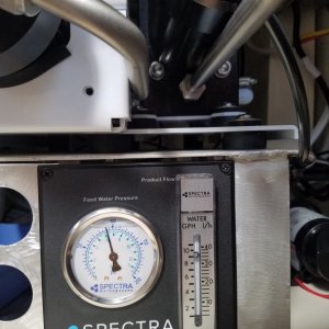The flowmeter shows we are making over 8 gallons an hour from the salty Sea of Cortez. 8 amps draw out of 14 amps put out by the solar system midday in Mexico.