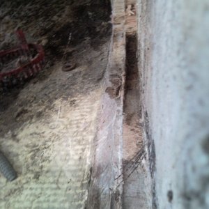 Picture showing removed section from transom. Here you can easily see the floor, plywood, and balsa. Each separated by glass.