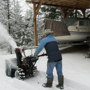 Media 'Returning from Seattle gathering, Jan 2011 - clearing snow in front of Grey C'Lune's shelter' in album 'A) At Boathouse Marine in Salmon Arm,BC'