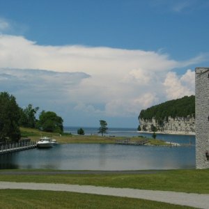 Not For Hire and 2 boats at Fayette. Smelting town boomed for 20 years then shut down. Located here for the limestone. The iron ore came by schooner from Escanaba. Used hardwood for charcoal smelting process. Development of coke smelting process caused town to shut down almost overnight in 1890.
