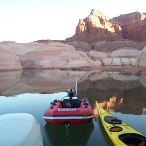Mountain Sheep canyon - toys behind SeaSpray. Kayak for me, dingy for Karen