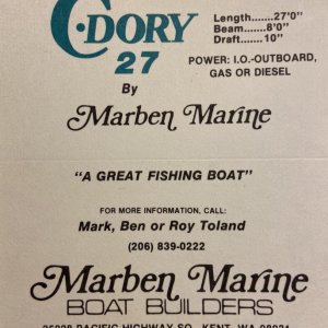 1983 CD27 business card, back Marben Marine