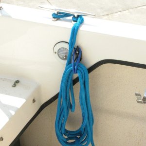 Sea Angel Aft Port side Shockcord Line Hanger -3/8" blue 25' braid stern line- before the Life Ring is mounted its holder.