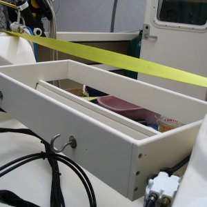 Cooler holder, back, with hooks for 4 step swim ladder (bungees to handles of cooler).