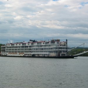 Six story paddlewheeler at dusk
