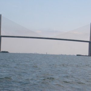 The famous \"Sunshine Skyway Bridge\". This is the new bridge after the old one was knocked down by a tanker.