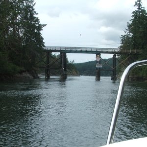 Approaching tiny Pender Island bridge