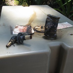 Media '0687 The culprit!  Starboard tank with pick up fitting...tube in 2 pieces inside tank' in album 'Draining the fuel by syphon'