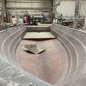 Bow to Stern look at the boat with aft liner glassed in. This will be make the floor of the boat flat.
