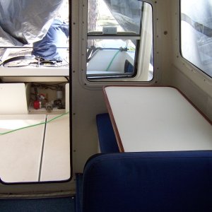Another view of how the table is out of the way for fore and aft access when it is stowed over the bench seat.