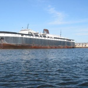 Media 'Derelect car ferry Spartan, sister ship of the Badger.' in album 'Car ferry Badger leaving Ludington Harbor for Wisconsin. The last remaining boat from a fleet of many.'