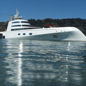 Futuristic yacht named "The A" moored just off Sausalito in San Francisco Bay