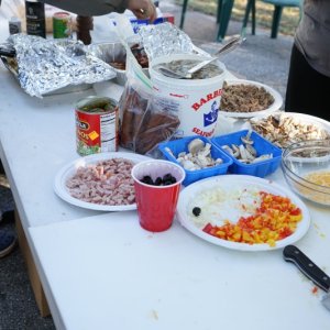 Here is what goes into these omelets: Peppers, cheese, several kinds of sausage, olives,mushrooms oysters, chives and onions