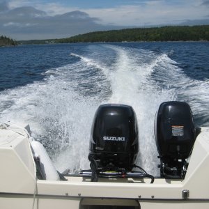 115HP Suzuki and an 18HP Nissan. Both 4 strokes and connected to the fuel and water separator. I get 31 MPH with the 115HP and 5-6MPH with the 18HP kicker. The 18HP has electric start and alternater.
