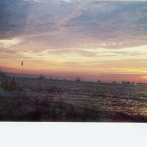 The 'tall-ships ' gathered off the Va. Beach coast before the 2000 Parade of Sail (OP_SAIL 2000). 
This Pix was taken abt 0510L as we headed out from Lynnhaven Inlet, VA. Beach for USCGAUX Safety Patrol. 
The sight gives a glimps of what the harbors were like in the 1700-1800s.