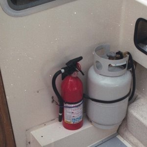 Propane tank mount. Rubber snubber hooked to stainless eyes.