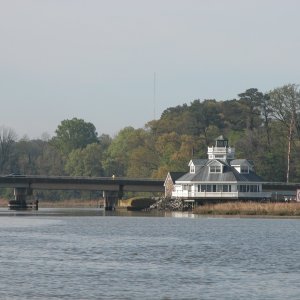 (Sea Angel) Pagan River with the locally famous Smithfield Station "Lighthouse" with its honeymoon suites and a better view of the VA.  Business Route #10 bridge.