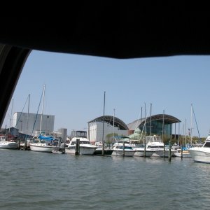 Media '(Sea Angel) Hampton, VA.   Air & Space Museum, the building with the curved roof lines.' in album '(Sea Angel) Sweet ride south down the James River from the Pagan River to the James River Bridge as we approach the Newport News Shipyard and coal piers'