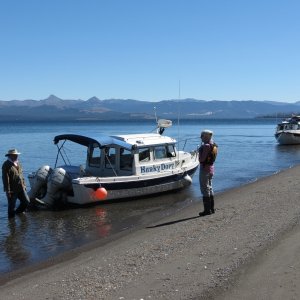 Photo by Kevin.  Jay & Laura with the Dory?s near Dot Island beach